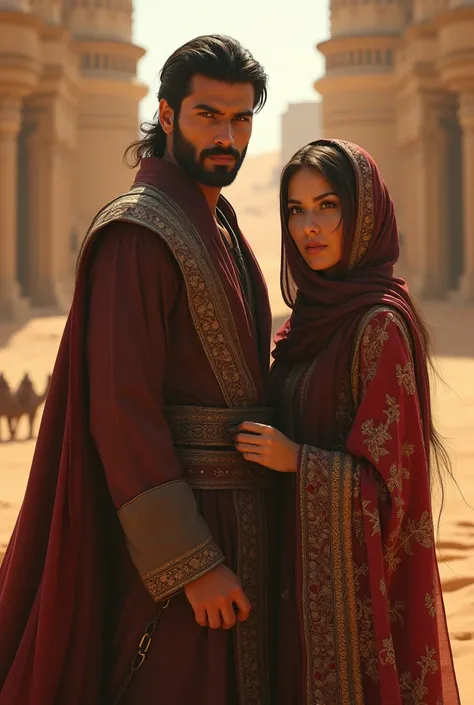 a handsome arab man in desert, a woman covered in traditional clothing, ornate middle eastern architecture, warm desert lighting, detailed faces, intricate clothing textures, sand dunes, camels, oasis, photorealistic, cinematic, dramatic lighting