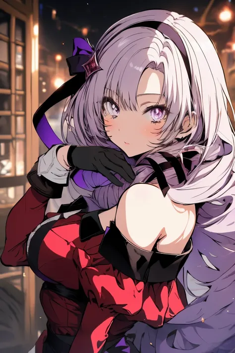 anime coloring,masterpiece,action,Salome, big body,big breasts,(((( best quality )))),, midjourney,,, hmsalome, drill hair, parted bangs, black hairband, ribbon, purple eyes, large breasts, tattoo, red dress, long sleeves, bare shoulders, black gloves