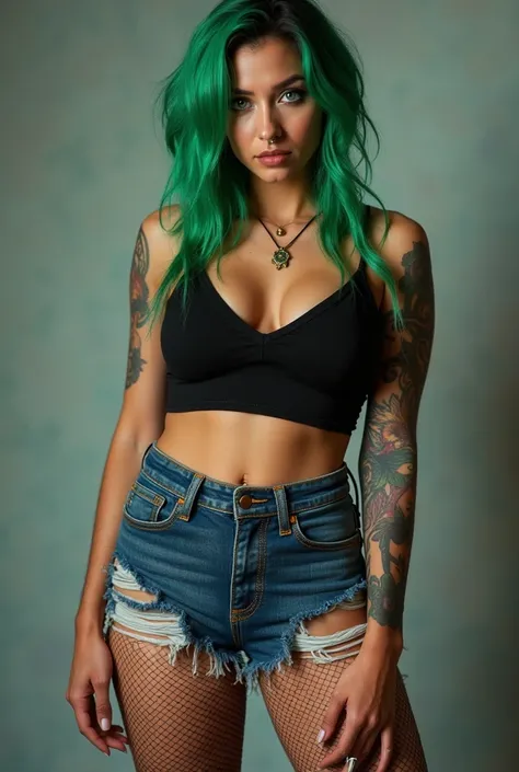 A 18 year old white Brazilian woman with green hair and oriental makeup and blue eyes, bountiful breasts. He is wearing a nose piercing. She&#39;s wearing a black LA PUTANA top with a big neckline. Tattooed entire left arm. ripped denim shorts, legs thick,...