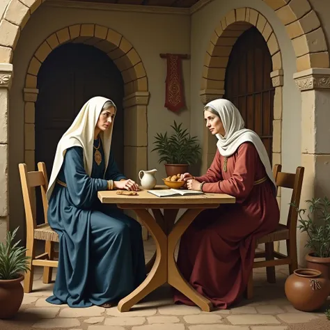 The Virgin Mary and her cousin Elizabeth seated at the table in a house with architecture from ancient Palestine