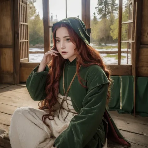 (Maximum hyperreality: 1.5), (Medieval era: 1.5), cloudy cold day, the first snow is falling, a very offended beautiful  girl with long tousled wavy red hair, small elf ears and a fluffy fox tail dressed in a dark green short doublet, black velvet trousers...