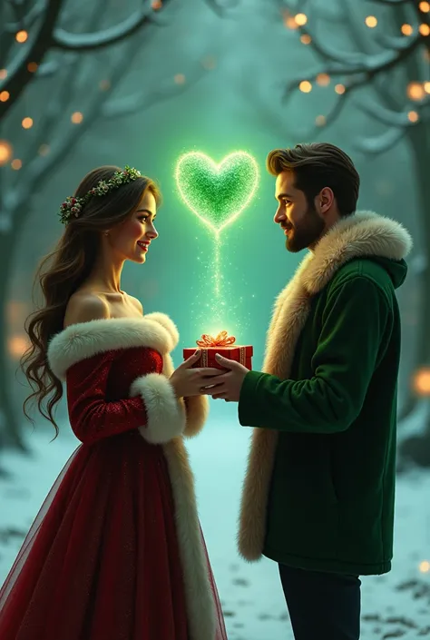 A beautiful girl with wavy long hair in a Christmas dress and a fur coat ,  is standing and giving a gift to a guy they are standing with the guy above them a green emerald heart,