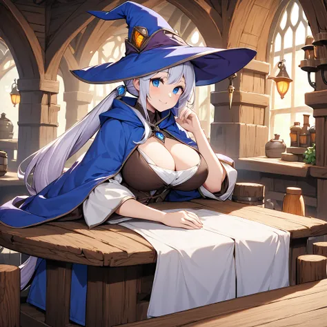 a pretty mage girl is sitting behind table in medieval tavern,open chest mages robe,huge mages hat with blue low long twintail,big breasts,friendly face