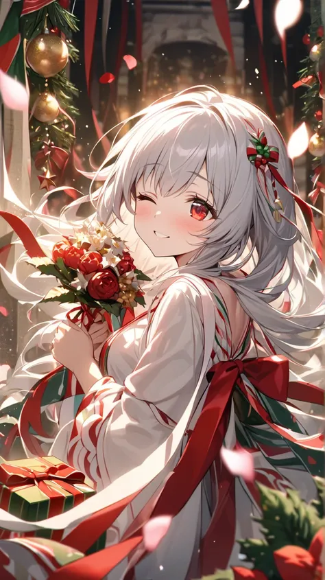 ( top quality, ),  beautiful women (Red eyes), elements. well-groomed face 、 Shy Expression 、 Silver Hair、 red eyes、smile(one eye closed、Looking up)、            Ultra Fine           ,  A Girl in a Glittering Shrine Maiden、 Surrounded by beautiful petals、On...