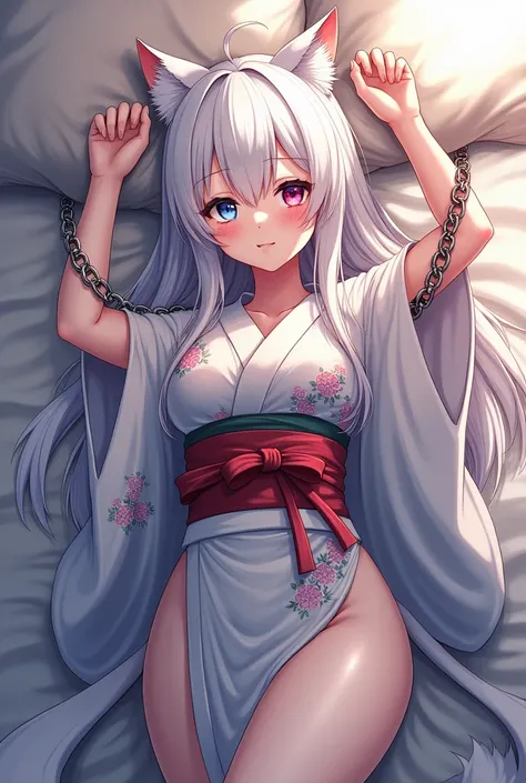 consept art anime,a cat race, girl Year old wearing a sexy kimono , long white hair, have right blue eyes and left red eyes, have two tails cat. lying on the bed With his hands bound by chains above her head