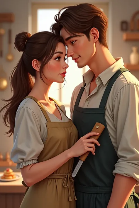  A woman holding a pastry tool ,  next to a man smiling super handsome brown hair, She looks aside , realistic