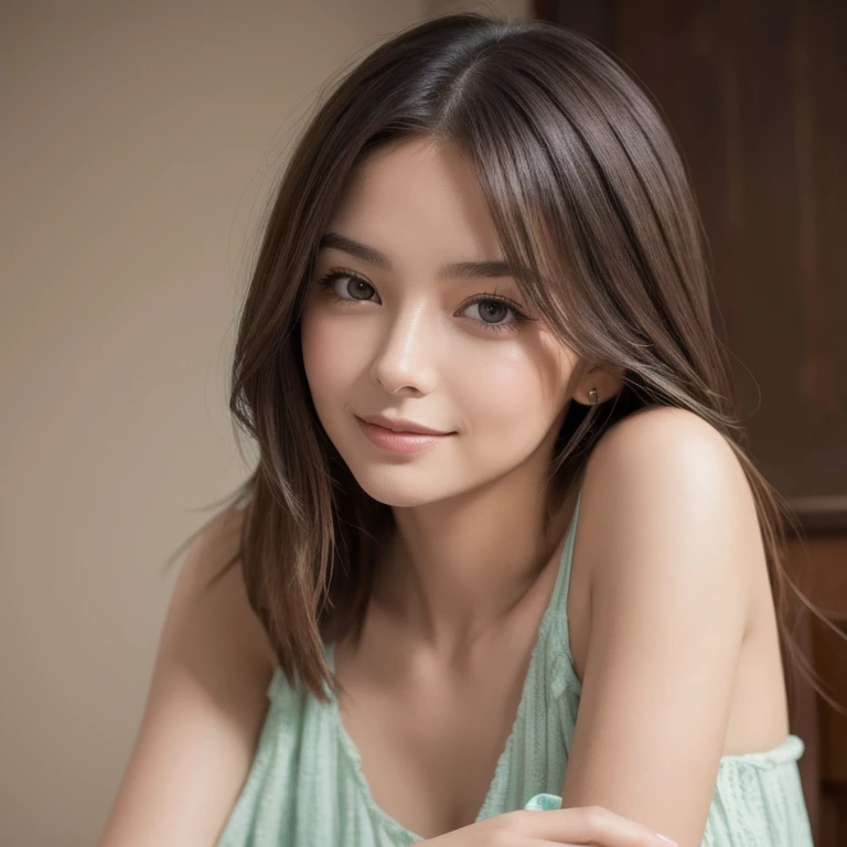 a young woman radiating confidence and grace. She is in a cozy room with dim lighting that softly highlights her features. She is wearing a stylish pastel-colored dress that elegantly accentuates her figure. Her hair falls freely, giving her a slightly cas...