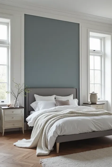 So the whole walls are off white, only the wall behind the bed is blue grey, but a bit greyer than what u draw, the wall has theee equal wall moulding, the bed is grey. All other furniture are off white but the top of them are dark chocolate woody top. Do ...