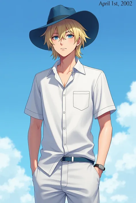 Boy with medium and blond hair,  blue eyes like the sky , has 1,87 meters tall ,  22 years old born in 2002 April 1st ,  wears a white shirt with white shorts,  always wears blue or black hats ,