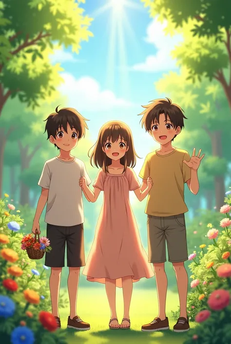 ABy bright and sunny morning in a lush green garden filled with colorful flowers. Two anime brothers stand on either side of their anime elder sister. The anime brothers are smiling warmly, one holding a small basket of flowers and the other gesturing play...