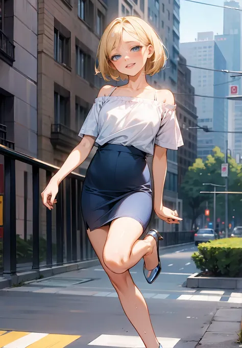 1 petite, slender girl,  white off-shoulder short sleeve shirt, lips, open_mouth, Realistic city, Alone,(masterpiece),( top quality ), ( super high res), Blonde, Blue-eyed girl with middle bob hair, (Sexually excited, blush and smile 、 sweaty ),  (Backgrou...