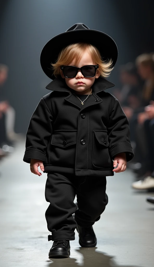 a cute baby boy is working on a fashion show ranway. the baby boy is wearing Mafia or gangster outfit. baby is wearing black sunglass and Black hat. and wearing black shoe. baby hair colour is light golden. the baby looking like cute and he is expression i...