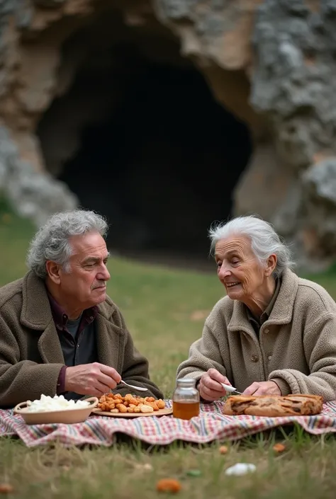  Picnic in front of a cave  , In the high mountains , a man  26 year old , calvo, high,  overweight eats with an old woman with a dirty face .  On the grass is the tablecloth and on the table there are cottage cheese , almonds,  dried figs and some prawns ...