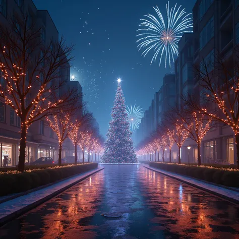  Best Quality ,masterpiece,Night City ,street， Christmas， Christmas Gift ,Light Particles, Light,Christmas tree, neon lights ,fireworks, Self-Deconstructing ,  Surrealism ,  Dreamy Scenery , 获奖masterpiece， Incredible details ,  Surreal Vapor Waves  , Criti...