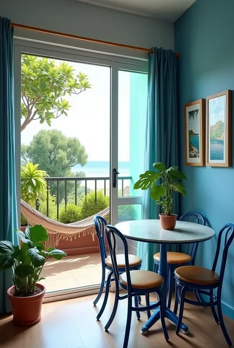 Create an interior view of a Studio style apartment with a balcony in the background and lots of plants in it in front of the balcony a hammock and next to it a round table with four chairs the table has a blue tubular metal structure with a white granite ...