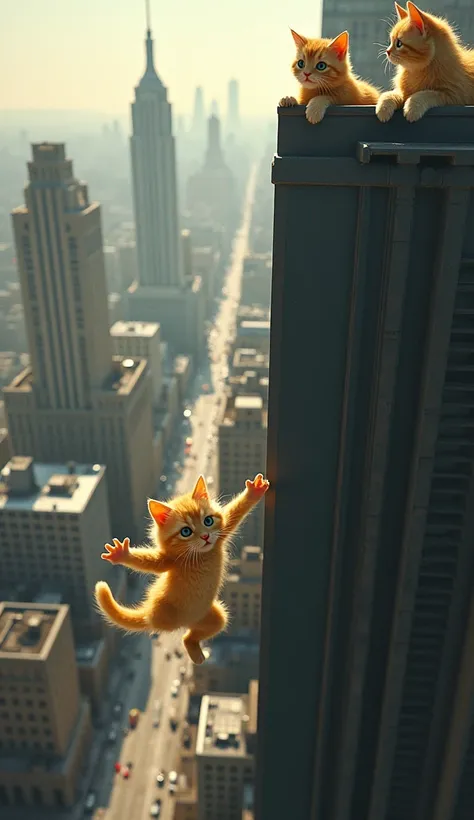 As the yellow kitten falls from the tall building, its parents look on from the top.