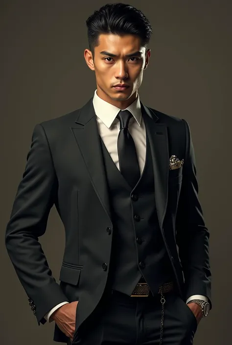 handsome man, fierce face, very charismatic, very assertive, short straight black hair, sharp eyes, beautiful eyebrows, high nose, perfect lips, strong jaw, expensive formal suit and expensive formal suit vest, expensive formal tie, pocket watch on suit, e...