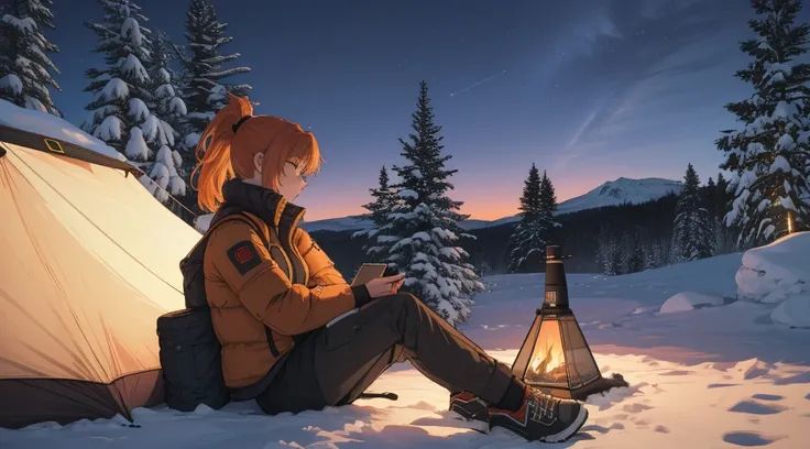 "A tranquil winter camping scene atop a snowy mountain, evoking a serene and adventurous mood. A young woman with blonde-red hair tied in a sleek ponytail is sitting near a modern campfire with a warm, flickering glow, surrounded by advanced yet nature-ins...