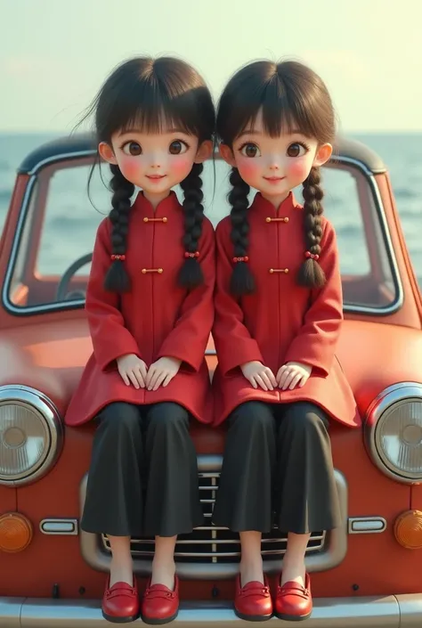 Two cute Chinese girls in same dresses red frock and black full pent and braid hair same shoes clr sit on ambroid car in sea side