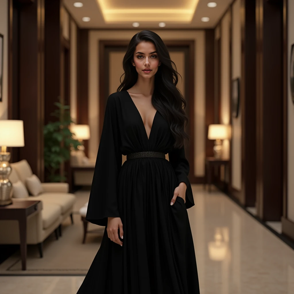 A beautiful girl stands in a luxurious hotel, her long hair cascading down her back, dressed in an elegant black abaya. Her striking dark eyes shine with life, captivating the serene atmosphere around her. The hotel’s exquisite interior design, with its wa...