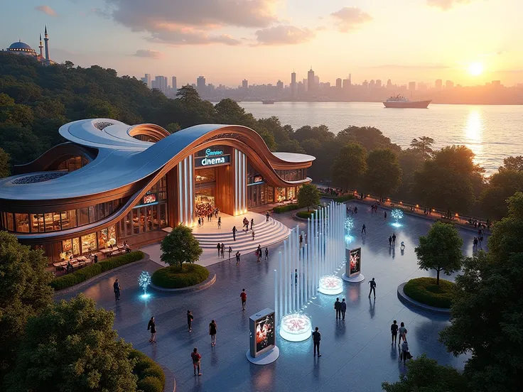 "An expansive futuristic cinematic complex in Istanbul named StarCity Cinema: Epic Horizon Istanbul. The complex features sleek, modern architecture with glass facades and metallic accents, surrounded by lush greenery and overlooking the iconic Bosphorus. ...