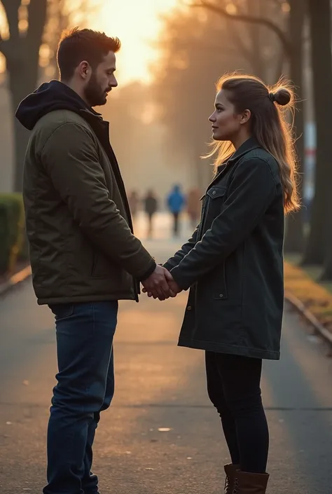  Un băiat și o fată stau aproape unul de celălalt, holding hands in a pleasant atmosphere ,  but a third person ,  with a determined expression ,  is nearby ,  trying to interfere with each other .  the person has an authoritarian posture and fixed gaze , ...