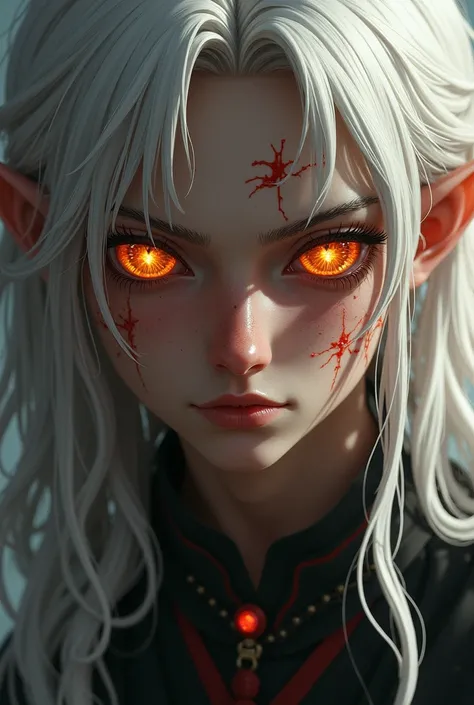  17-year-old male with long white hair has scars all over his face and eyes These eyes are intense and powerful, WITH un iris de tono ** bright golden orange **  reminiscent of a burning fire .  Its design is complex , WITH **líneas WITHcéntricas y radiale...