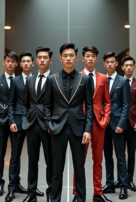 Pls make a 8 male boys asian handsome 9 all boys, the age around 21 years old, make them a suit like eternals different design and color make more manly then pls the suit must see