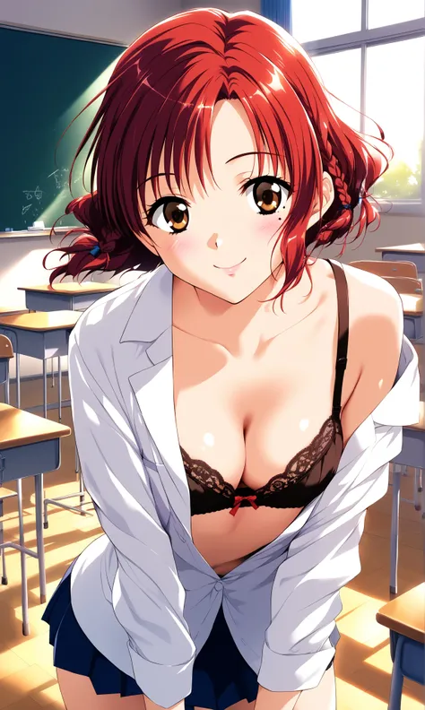 Wakai Misaki, Alone, (cowboy shot), Red Hair,  Shorthair,  braided ,  brown eyes,  small breasts,  pretty butt,  cleavage, smile, Mole around the mouth, ( Female Teacher:1.2), show off black bra, ( Sexy Poses :1.2), (downblouse:1.2), (Shy), (Red cheeks:1.1...