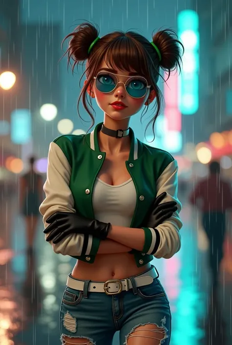 A hot young caucasian adult big breast female hairstyled in brown messy twin buns with bangs, blue eyes wearing gold framed blue aviator shades, wearing a cropped green varsity jacket with the white sleeves rolled up over a cropped white tank top, black fi...