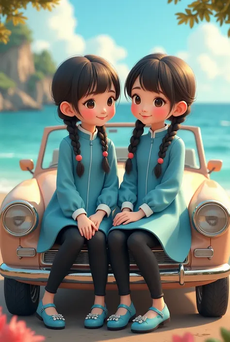 Two cute Chinese girls in same dresses blue frock and black full pent and braid hair same shoes clr sit on ambroid car in sea side