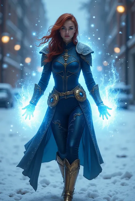 {"prompt": "Create an epic scene featuring a young woman with very dark, full body picture, almost dark red hair, hair on one side, displaying powerful abilities and dark blue frighting little leather armor, neck close, breast close, off the legs, off the ...