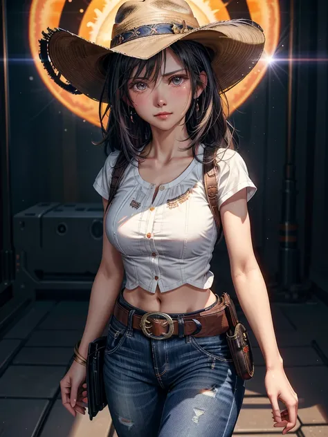  cowboy character,  Cowboy Hat , Short sleeve, Ultra Miniskirt ,Sandals, Cowboy Shirt,  jeans,  belt with buckle , ,  revolver gun ,  unmanned white background in the center of the screen, Solar flare, Dramatic lighting,  very detailed,  cinematic ,  surre...