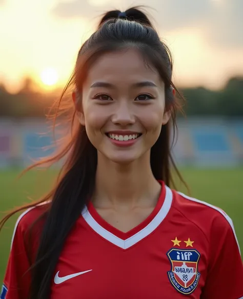  Woman looking straight at the viewer , มองตรงมาผู้ชมอย่างตั้งใจ, Various actions ,  Glazed tile skin ,  Strong abdominal muscles ,  glowing skin  , Beautiful eyes ,  has a chest size of 38 inches  ,   She wears a national football jersey , "Thailand 16", ...