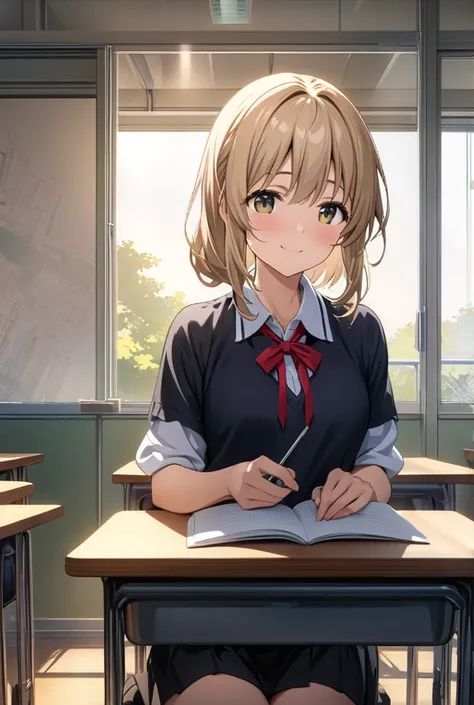 ((masterpiece)), (( top quality )), (( high res)), (( Highly Detailed CG Unity 8K Wallpaper)), Alone,  Tachibana Kanade , black skirt,  holding white socks ,  small smile , classroom