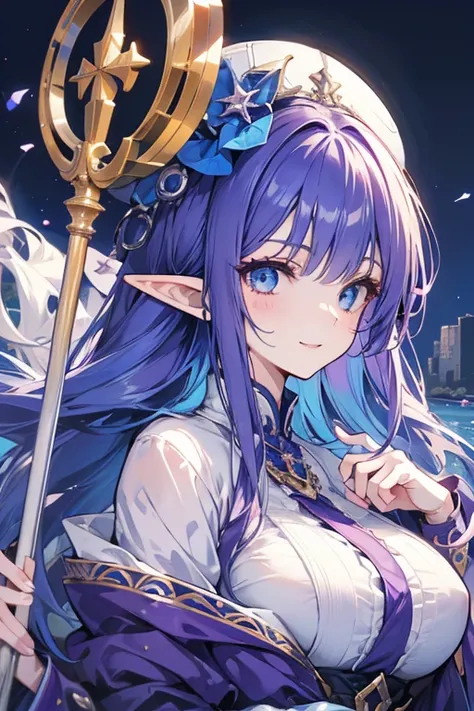  look,  purple hair,  blue eyes,  high res, anime, Character portrait,  Bright Eyes ,  open her mouth ,  smiling,  Big Breasts ,  silk hat、Elf、 long hair, Around the lake、big staff 