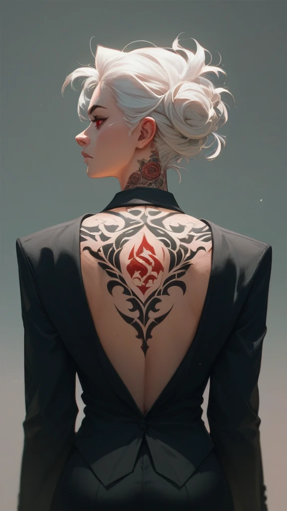  girl with white hair , Back view,  neat facial features ,  red eyes, back tattoos ,  wearing a classic black suit and a white shirt, 