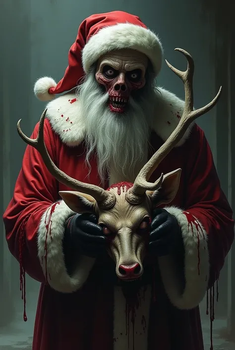 not anime style, Zombie Santa , wearing a Christmas outfit filled with blood , And a mask on the face,  and Santa Claus is holding the head of a reindeer , not anime style 