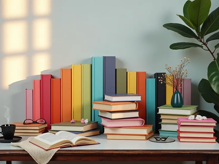 Rainbow Gradient Stack: A neatly arranged stack of books in a perfect rainbow gradient, from red to violet, displayed on a polished mahogany table. The background fades into soft pastel tones.

Scattered Books with Accessories: Books of various colors scat...