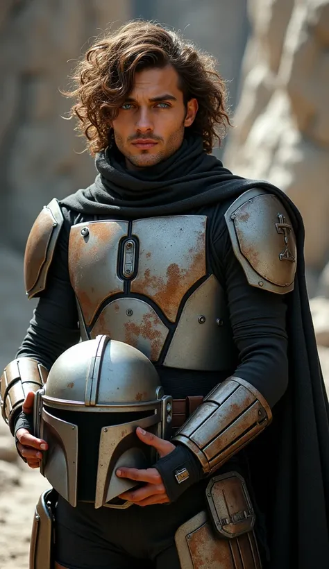 Blue eyes, tan skin, light brunette curly hair, wearing sexy mandalorian armor, holding helmet in hands