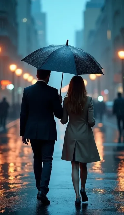 A couple sharing an umbrella, walking hand-in-hand through a rainy city street. The scene is bathed in soft, blurred lights reflecting off wet pavement. The gentle rain adds to the intimate, serene atmosphere, with soft blue tones creating a peaceful, lovi...