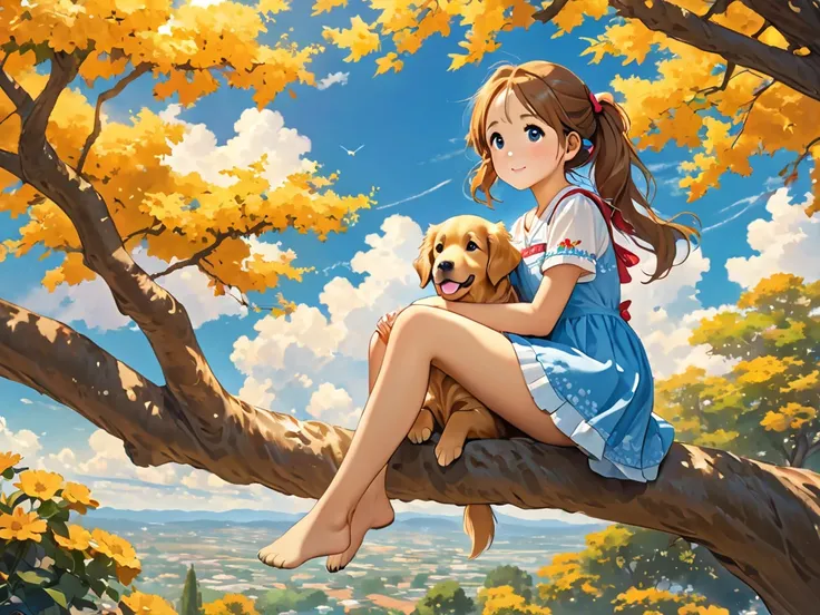 Golden Retriever 1,  Brown Haired Pigtails Young Girl 1 , sitting in a tree, High definition, afternoon, the sky, Young girl.