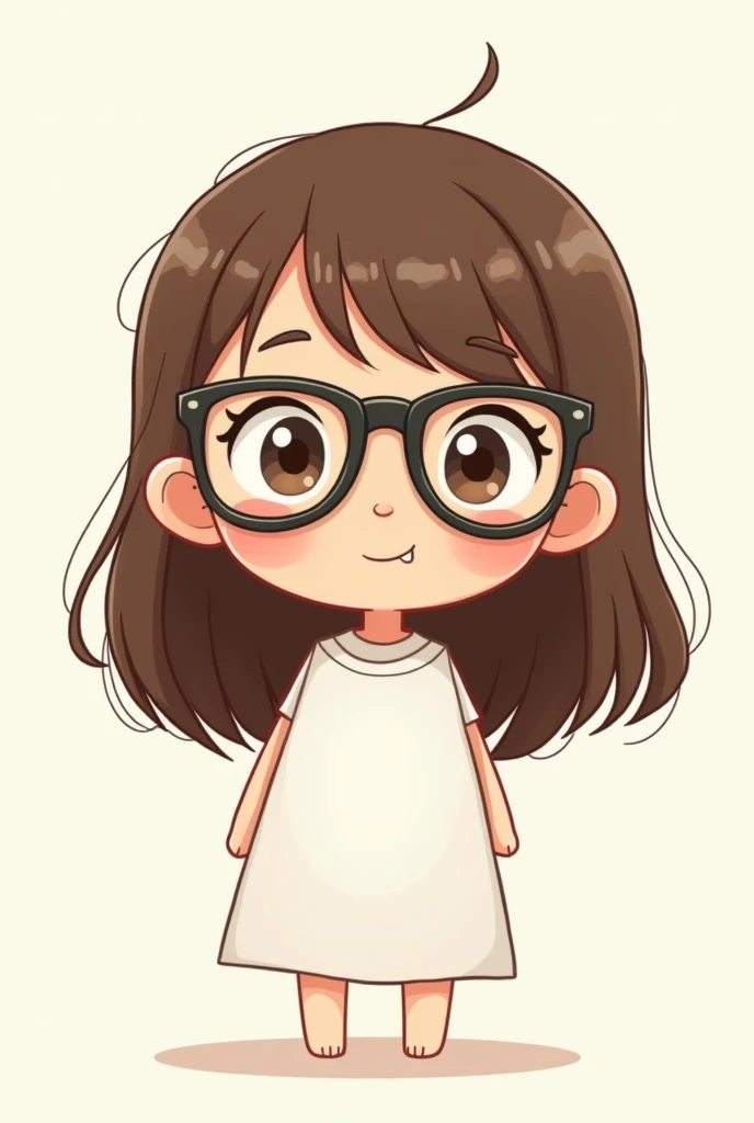 A cartoon of a friend who is a small girl with long straight hair with glasses and white