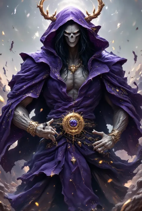 A skeletal figure, reminiscent of the character Skeletor, with a light beige skull-like face,  and a large, violet-purple hooded cloak, stands in a dynamic pose.  The characters expression is intense and serious.  The hooded cloak is flowing and detailed, ...