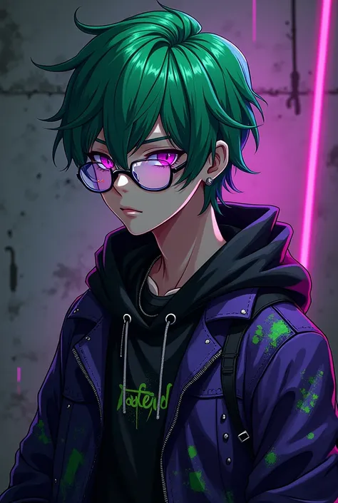 Cool aesthetic emo grunge vtuber anime male purple green and black outfit green hair and purple eyes with glasses 