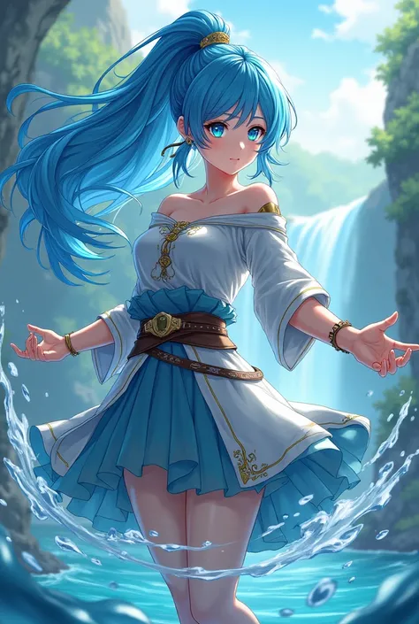 Make an anime girl with blue hair with water powers and who wears travelers clothes