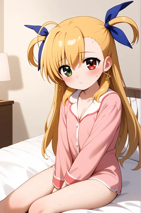 masterpiece,best quality,{{detailed beautiful face and eyes}},
Vivio,{{{megami magazine}}},long hair,blonde hair,ahoge,two side up,hair ribbon,heterochromia,grenn eyes,red eyes,flat chest,
((pink pajamas)),
1loli,cleavage,(is aroused,big blush:1.0),sweat,
...