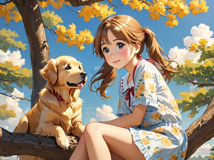 Golden Retriever 1,  Brown Haired Pigtails Young Girl 1 , sitting in a tree, High definition, afternoon, the sky, Young girl.