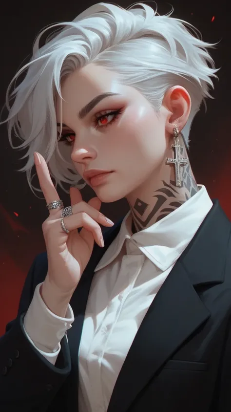  girl with white hair ,  neat facial features ,  red eyes,  Neck tattoos,  dressed in a classic black suit and a white shirt,  rings on the index and ring fingers , silver earrings in the form of a cross 