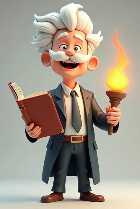   the cartoon-style 3d illustration of a full-bodied white man,  white hair, imperial white mustache , thin, high.  wearing a suit, holding an open book in one hand and a torch in the other. With a courageous look and smile . 